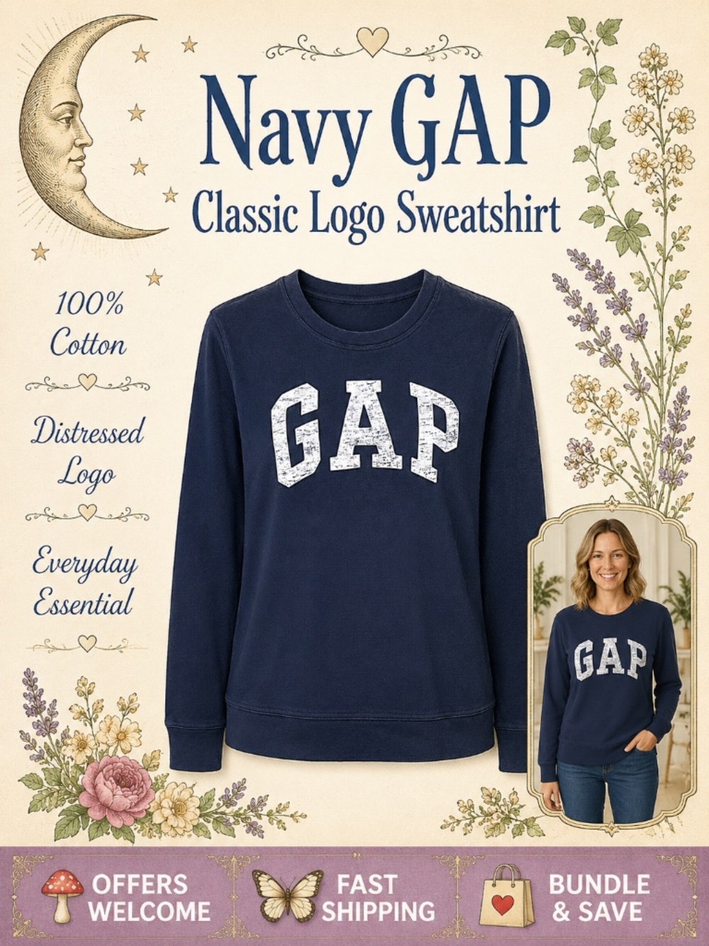 GAP Navy Logo Sweatshirt 100% Cotton Small Classic Crewneck